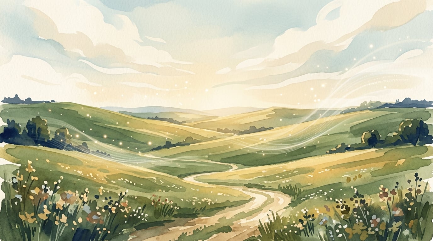 Serene landscape with rolling green hills and golden sunlight